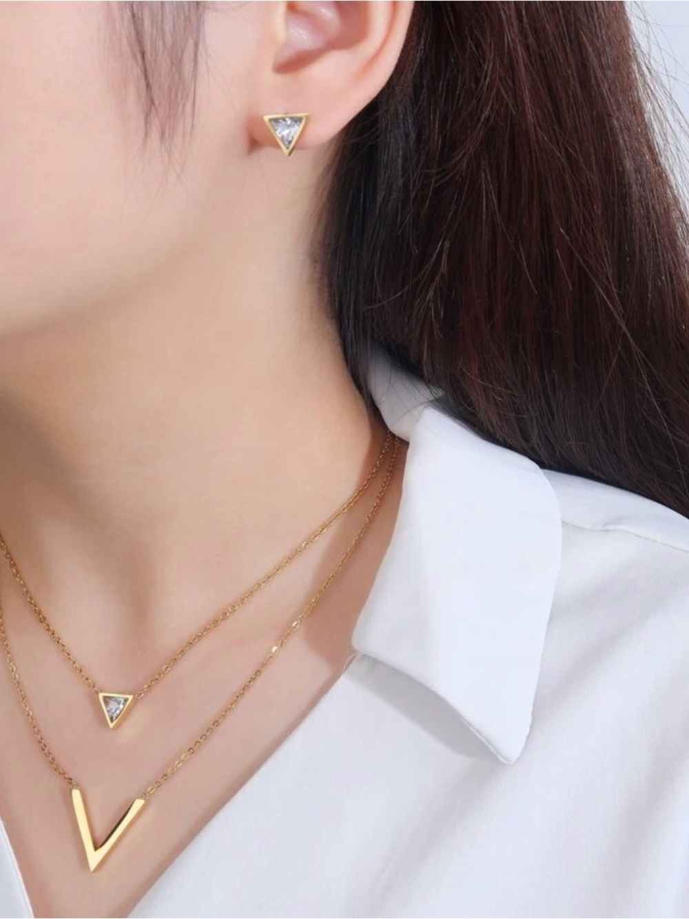 Gold Triangle CZ Stud Earrings - Minimal Women Jewelry